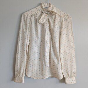 vintage 80s evan picone button up polka dot top pussybow union S/M long sleeve